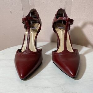 NINE‎ WEST Tatumo Women Burgundy Leather Pointed Toe T Strap Heels Size 6